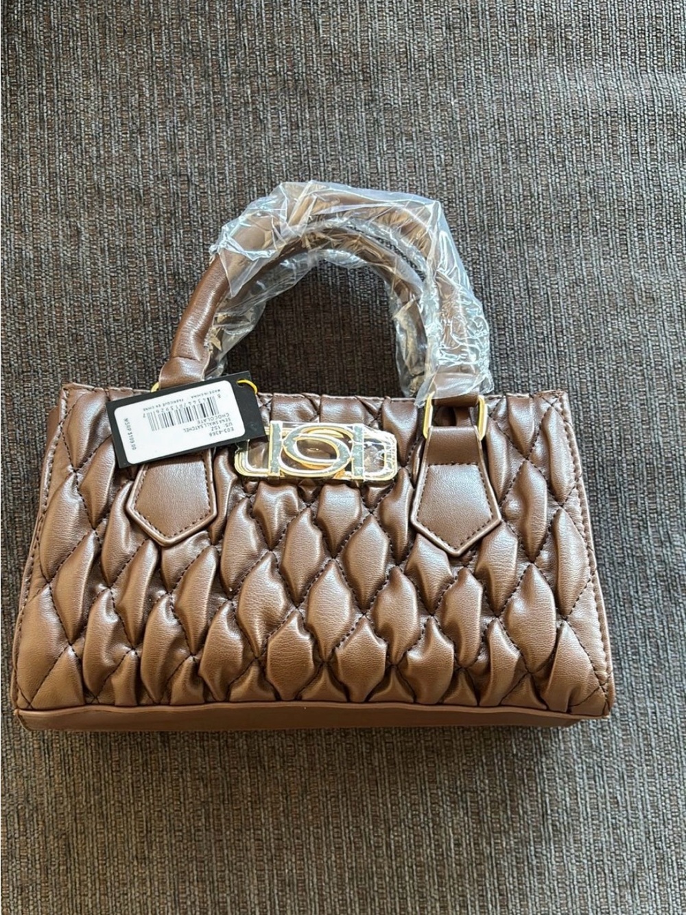 bebe Quilted Top-Handle Satchel in Brown with Gold Hardware